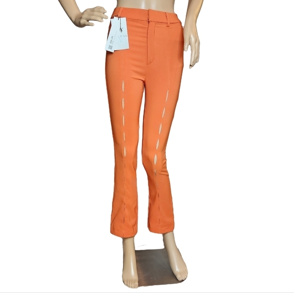 NWT Zara Orange Stretch Cropped Baby Flare Front Slits Cutout Orange Pants XS